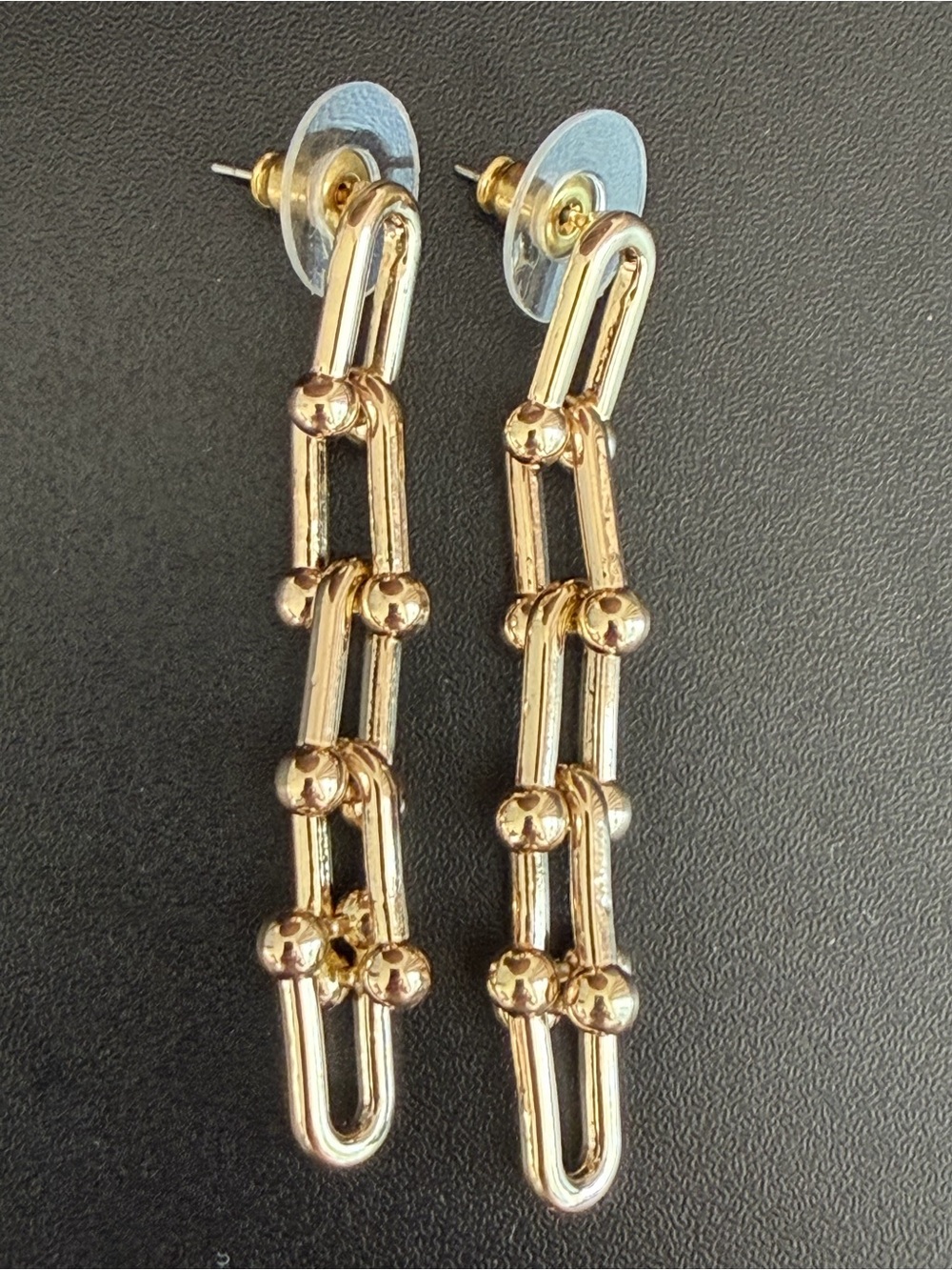GOLD TONE GRADUATED U LINK GAUGE CHAIN DROP DANGLE EARRINGS 2.25" BALL ACCENT